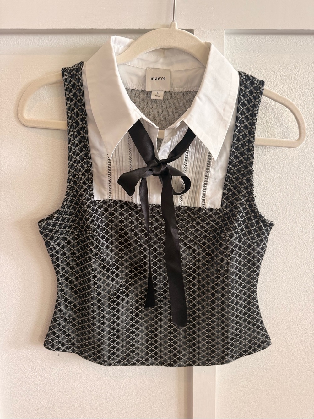 Anthropologie Maeve Black & White Tweed Bow-Accent Sleeveless Top